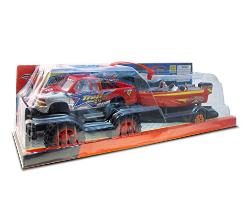 Mozlly Monster Truck Toys Set With Trailer Toy Boat, Friction Push Powered Hauling Truck, Big Truck With Boat Toy, Adventure Truck Pulling Boat Toy Monster Trucks For Boys 3 Years Old And Up - 9 Inch #TOP7