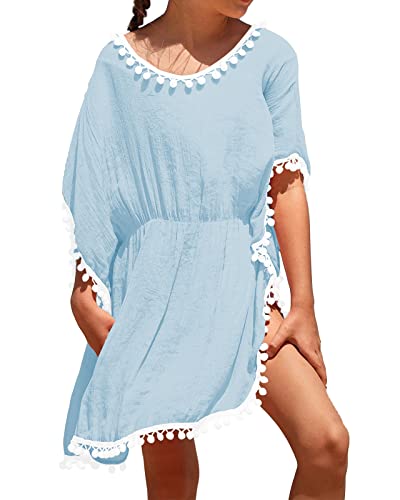 Eurivicy Girl's Swim Cover Up Kids Summer Swimwear Beach Dress Swimsuit Wraps With Pom Pom Trim Sky Blue #TOP26
