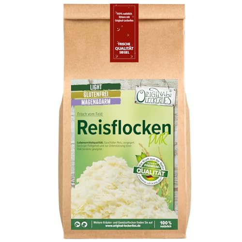 ORIGINAL LECKERLIES Reisflocken, 1kg ballaststoffreiche Hundeflocken glutenfrei und fettarm, geschält und vorgegart, Hundefutter- Naturprodukt für Hunde, barfen