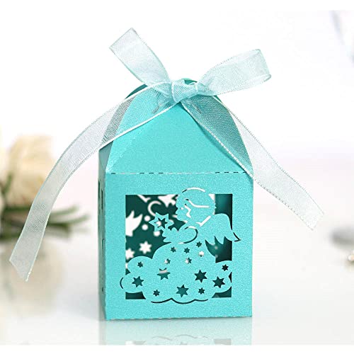 GIVBRO Lot de 50 boîtes à dragées pour mariage, anniversaire, motif ange creux, avec ruban pour décoration de fête - Bleu