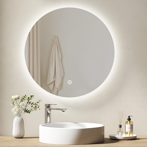 EMKE 600 mm Round Bathroom Mirror with LED Lights, Backlit LED Bathroom Mirrror Wall Mounted, Smart Mirrors 6000K, Dimmable, Memory Function, Touch Control, Tempered Glass, IP44