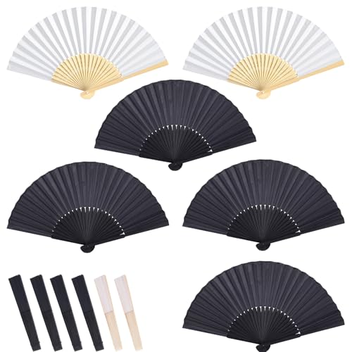Greitsyy 6 Piezas Abanico Mano Abanico Blanco Tela de Madera negro Abanico de Mano Abanicos de Mano Abanicos Blancos para Pintar para Regalos Souvenirs Fiestas Bodas