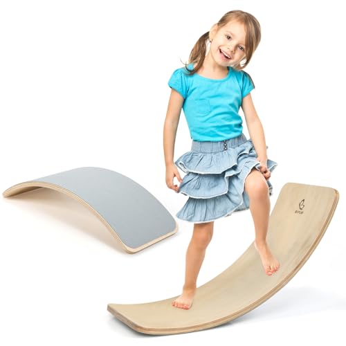 KOMFOTTEU Tabla de Equilibrio de Madera, Tabla Curva con Filtro, Tabla Curvada con Carga de 220 kg, Balance Board para Niños y Adultos, Tabla de Yoga para Niños Montessori (Natural, 90 x 30 x 19 cm)