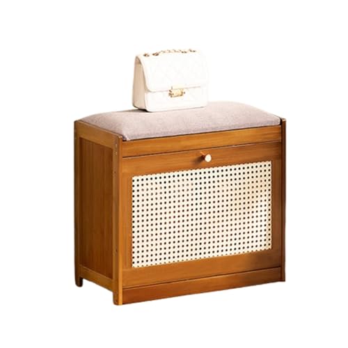Banc de rangement en noyer haut de gamme avec assise confort et vrai rotin