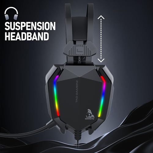 Image of TAG Gamerz Titan RGB Black Over-Ear Gaming Wired Headphone | Soft Ear Cups | 50mm Neodymium Driver | 3.5mm Audio | 2m Cable | Flexible Mic for Calling | Suspension Headband | 3.5mm + USB Connector