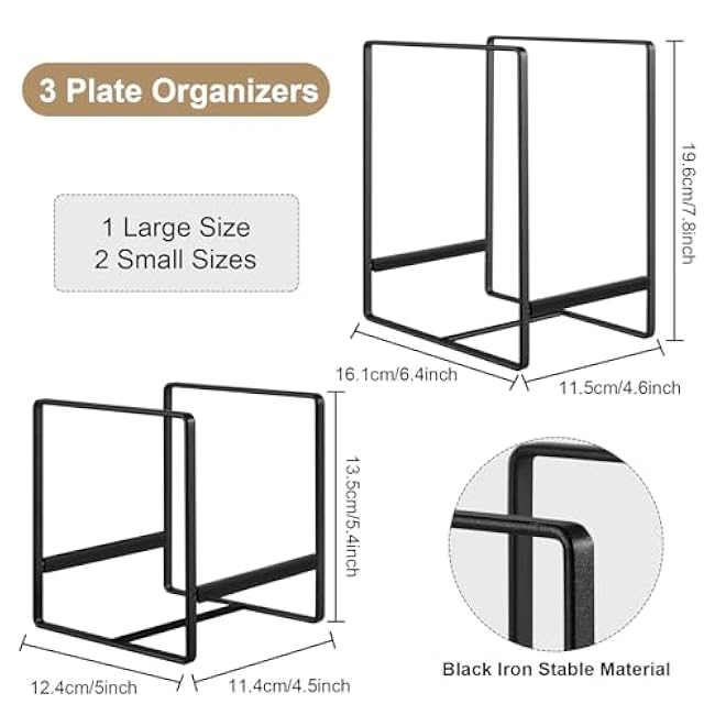 Plate Holder Organizer 3 Pack Metal Upright Dish Rack Plate and Bowl Storage Organizer for Kitchen Cabinets Counter Cupboard (1 Large and 2 Small, Black)