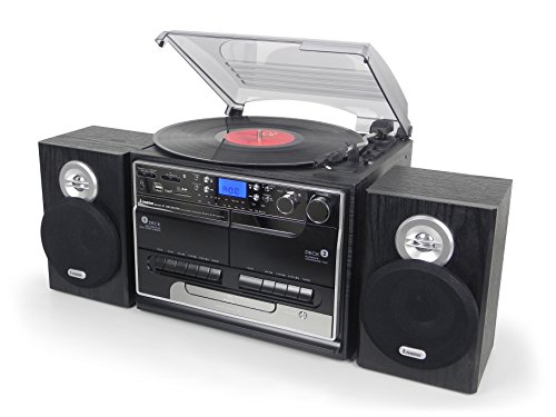 Steepletone BT-SMC386r PRO, 8 in 1 Bluetooth Retro Nostalgic Music System (Stereo Speakers), Remote Control, 3 Speed Record Player, CD Player, FM/MW Radio, TWIN Cassette, SD/USB RECORDING - Black