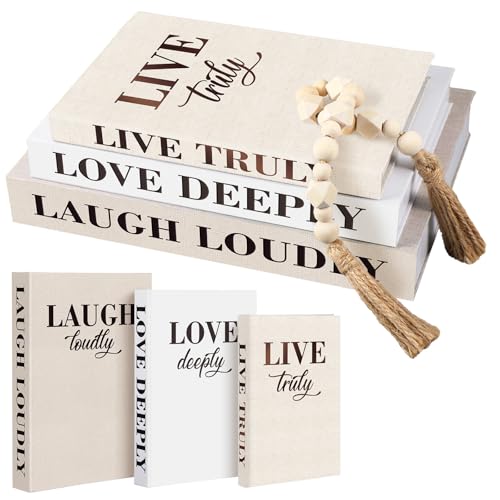 Thyle Linen Covered Fake Decorative Books with Wooden Beaded Tassel, Faux Neutral Home Decor Coffee Table Books for Rustic Farmhouse Modern Living Room Bedroom Office Bookshelf ,11 /9.9 / 9.1 Inch