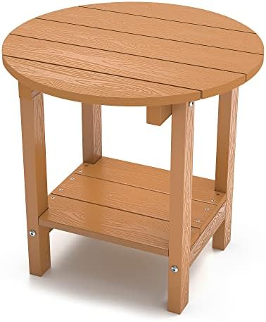 SAKSUN Round Outdoor Side Table, 18 Inch End Table 2-Tier Plastic Adirondack Tables with Storage Shelf, Weather Resistant for Patio,Garden, Porch (Teak)