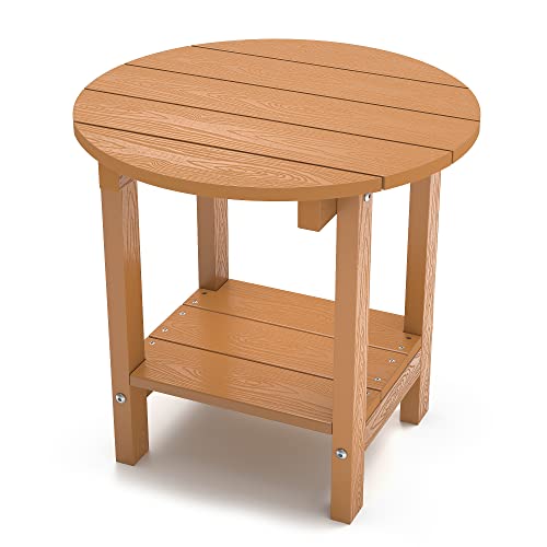 Saksun Round Outdoor Side Table, 18 Inch End Table 2-Tier Plastic Adirondack Tables With Storage Shelf, Weather Resistant For Patio,Garden, Porch (Teak) #TOP3