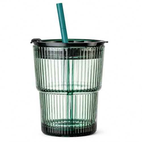 Image of Premium Ribbed Drinking Glass Tumbler with Lid & Straw - 400ml, Set of 1, Reusable Green Minimalist Mug for Iced Coffee, Juice, Smoothies & Cold Beverages, Leak-Resistant Travel Cup
