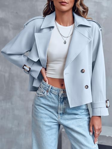 Saodimallsu Women Short Double Breasted Trench Coat Raglan Sleeve Work Office Cropped Jacket With Pockets