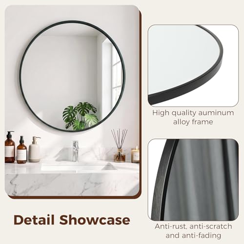 Image of Sweetcrispy 24 Inch Round Wall Mirror, Bathroom Mirrors for Over Sink, Matte Metal Framed Circle Vanity Mirror, Wall Decor for Bedroom, Entryway, Anti-Rust, Tempered Glass, Hanging or Leaning, Black
