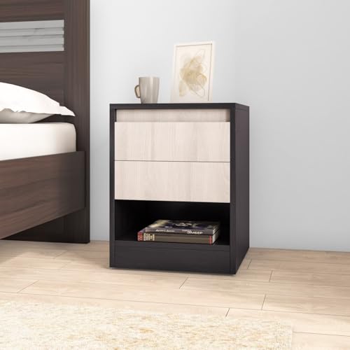 Image of Nilkamal Riva Night Stand | Wooden Bed Side Table with 2 Drawers and an Open Shelf | Multipurpose End Table for Bedroom, Living Room | Wenge & Sonoma Oak