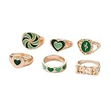HUANGA 6Pcs Grün Rot Ring Sets Vintage Emaille Liebe Herz Blume Wolken Chunky Ringe Frauen Gold Tropfen Öl Schmuck Trendy Bunte Fingerring für Kinder Mädchen Kinder Ring gestapelt