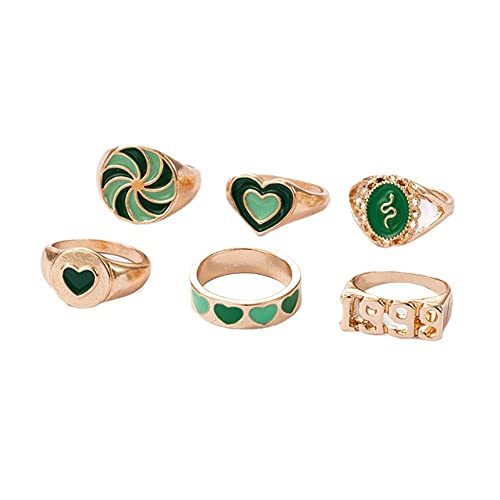 HUANGA 6Pcs Grün Rot Ring Sets Vintage Emaille Liebe Herz Blume Wolken Chunky Ringe Frauen Gold Tropfen Öl Schmuck Trendy Bunte Fingerring für Kinder Mädchen Kinder Ring gestapelt Cover