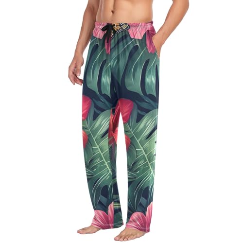 Men's Pajama Pants Tropical Leaf and Flowers Sleep Pajama Lounge Pant with Pockets, Elastic Waistband4