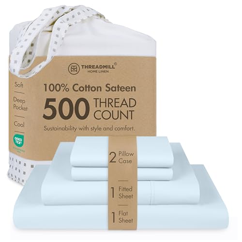 Threadmill Cotton Full Size Sheet Set, Deep Pocket, Fade Resistance, 500 Thread Count, Solid 4-Piece Bed Sheets for Full Size Mattress (1 Flat, 1 Fitted Sheet, 2 Pillow Covers), Light Blue