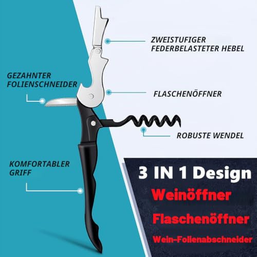 Foto von Allpeak Kellner Korkenzieher - 1PC Weinöffner Flaschenöffner Kellnermesser Profi Kellnerbesteck Bottle Opener - Schwarz
