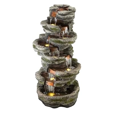 Alpine Corporation WIN1146 Outdoor Floor Cascading 8-Tiered Rock Garden Water Fountain with LED Lights, 58", Gray