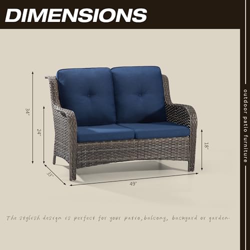 MeetLeisure Outdoor Patio Wicker Loveseat Sofa - 2-Seater Rattan Sofa for Outside Patio Garden with Deep Seating and Olefin Cushions(Mixed Grey/Blue) - Thumbnail 2