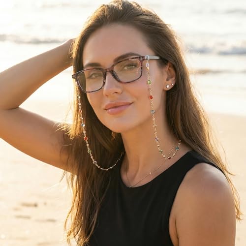 Aysatogc Chaîne à lunettes moderne pour femme - Porte-lunettes - Yeux mignons - Cadre en verre - Chaîne pour lunettes de soleil et porte-lunettes de lecture – vue 5