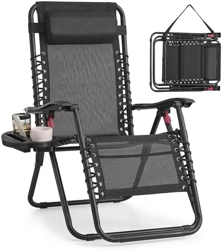 SONGMICS Zero Gravity Chairs, Folding Sun Loungers with Tray, Adjustable Headrest, for Patio, Garden, Max. Load 110 kg, Black UGLB030BZ02