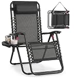 SONGMICS Zero Gravity Reclining Chairs, Folding Sun Loungers with Tray, Adjustable Headrest, Max. Load 110 kg, for Patio, Garden, Black GLB030BZ02