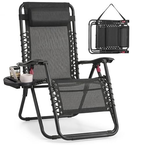 SONGMICS Zero Gravity Reclining Chairs, Folding Sun Loungers with Tray, Adjustable Headrest, Max. Load 110 kg, for Patio, Garden, Black GLB030BZ02