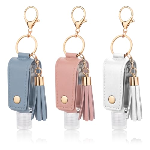 ZEYIYER 3 PCS Portable Hand Sanitizer Holder Keychain, 1oz/30 ml Empty Bottle Keychain, Travel Size Mini Hand Case for Bag, Backpack (Pink/Blue/White)