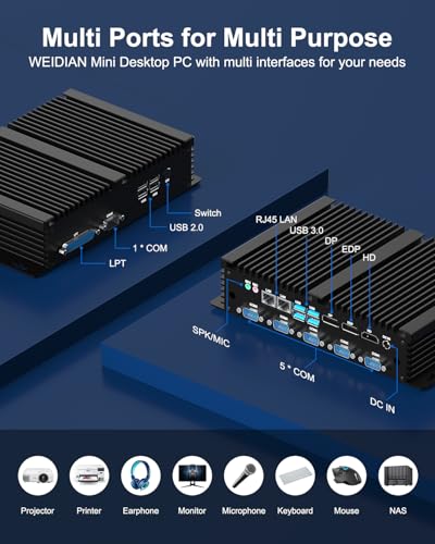Image of WEIDIAN Fanless Industrial Mini PC Core i5 8250U Win11 Mini Desktop Computer 64GB RAM 1TB SSD 2TB HDD, 6xCOM(RS232 RS485) 4K 3xDisplays(HD+DP+EDP) 2xLAN 8xUSB LPT WiFi&BT Linux Auto Power On