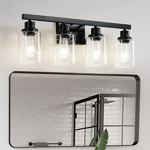 DIKAIDA 4 Light Bathroom Vanity Light, Modern Matte Black Bathroom Light Fixtures with Clear Glass Shade, Bathroom Wall Lights Over Mirror, Farmhouse Bathroom Wall Sconces Lighting for LivingRoom DIKAIDA 4 Light Bathroom Vanity Light, Modern Matte Black Bathroom Light Fixtures with Clear Glass Shade, Bathroom Wall Lights Over Mirror, Farmhouse Bathroom Wall Sconces Lighting for LivingRoom