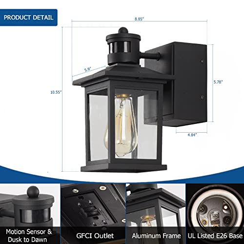 Fledavid Dusk To Dawn Motion Sensor Outdoor Wall Lantern With Gfci Outlet Black Exterior Porch Lights Waterproof Outside Sconce Lighting Fixtures Rustic Wall Mount Lamp For House Garage Entryway #TOP5