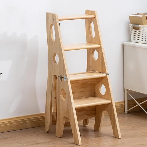 ATAA Silla Escalera de Madera Natural Chair, Taburete Transformable 3 en 1, 4 Peldaños, 88 cm de Altura, Madera Clara