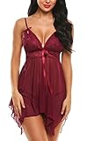 Avidlove Women's Sexy Lace Lingerie Babydoll V Neck Nightwear Sleepwear Strap Chemises Wine Red XX-Large