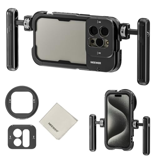 NEEWER 15 Pro Gabbia Video per iPhone con Doppia Maniglia, Adattatore Filtri 67mm a Sgancio Rapido, Backplane Obiettivo 17mm, Panno a Pulizia, Smartphone Video Rig Stabilizzatore per Video, PA023K