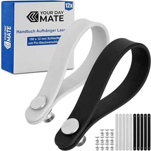 Nähfrei-Aufhänger für Textilien, 12 Pack, 150 x 12 mm Schlaufen, Schwarz und Weiß, aus Silikon, mit Pin-Knopfverschluss, Aufhänger Laschen für Geschirrhandtuch, Bad Handtuch, Lappen, Dekoartikel