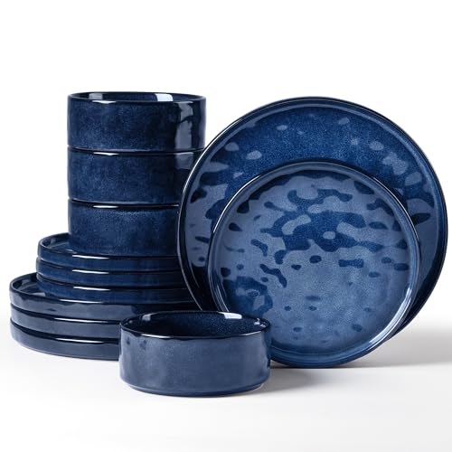 Herogo 12 Piece Dinner Set, Stoneware Dinnerware Sets for 4 People, Reactive Glaze Dining Plates and Bowls, Microwave and Dishwasher Safe, Chip and Scratch Resistant, Nebulas Blue