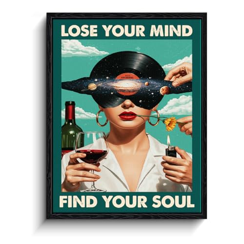 Surreal Music Quote Wall Art, find your soul quote, retro psychedelic wall decor, matte finish framed canvas print, psychedelic music poster artwork, for music room bar gift, 12x15 inch