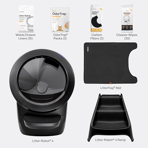 Image of Litter-Robot 4 Supply & Accessory Bundle by Whisker, Black- Automatic Self-Cleaning Cat Litter Box, Includes Litter-Robot 4, Ramp, Mat, 3 OdorTrap Packs, 10 Liners, 30 Wipes, & 2 Carbon Filters