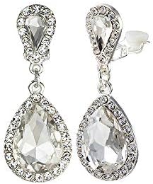 Elegant Crystal Teardrop Clip on Earrings for Women Girls Dangle Drop Earrings (White)
