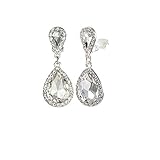 Classic Austrian Crystal Tear Drop Clip on Dangle Earrings for Women (White)