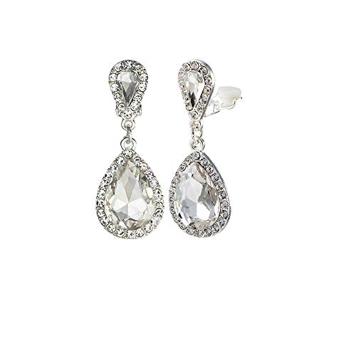 Elegant Crystal Teardrop Clip On Earrings For Women Girls Dangle Drop Earrings (White) #TOP3