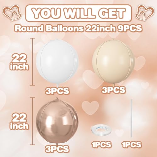 Image of 9 Pcs Cream White Gold Round Foil Balloons,22 Inch Round Balloons | Cream White Gold Giant 4D Round Ball Balloons For Boho Wedding Birthday Bridal Shower Engagement Anniversary Decorations