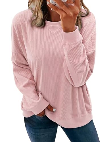 KISSMODA Womens Casual Long Sleeve Sweatshirts Color Block/Solid Tops Corduroy Crewneck Tunic Pullover with Pockets