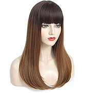 Brown Wigs for Women Long Straight Highlight Ombre Color with bangs Fiber Synthetic Wigs for Dail...