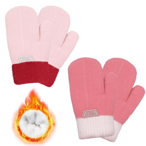 2 Pairs Kids Mittens Fleece Winter Gloves for Boys Girls Children Warm Knitted Snow Gloves for 3-7 Years