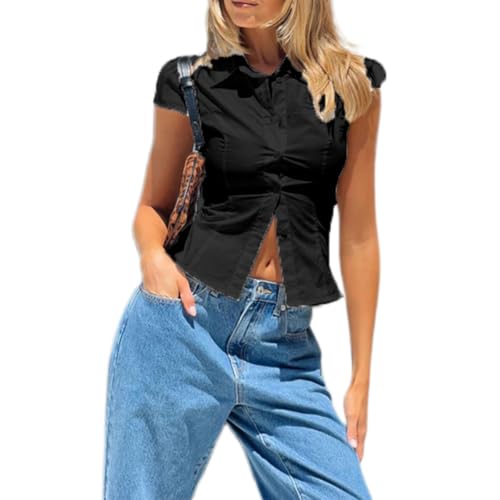 Image of BABWWNIX Y2k Button Down Shirts for Women Short Sleeve V Neck Cropped Work Office Blouse Top Slim Fit Coquette Going Out Tops (Black, S)