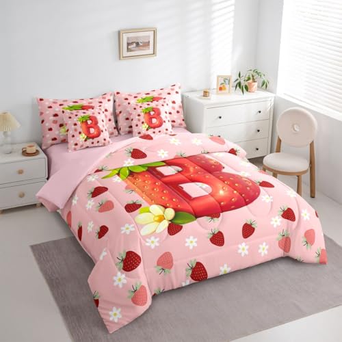 Image of Feelyou Cute Girls Strawberry Queen Comforter Set with Sheets for Kids Boys Girls Pink Red Princess Strawberry 7 Pieces Bedding Set Initial Letter B Bed in a Bag Room Decor Soft Lightweight Microfiber