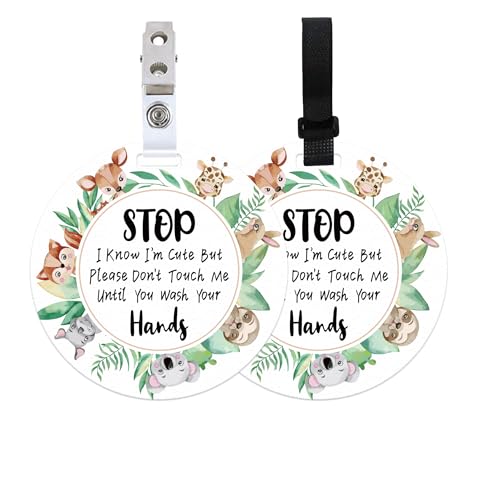 Image of 2 Pack Animals Do Not Touch Signs Stroller Tag Greenery No Touching Car Seat Signs Watercolour Stop Touching Safety Sign Wash Your Hands Carseat Tags for Carriage Stroller Backpacks